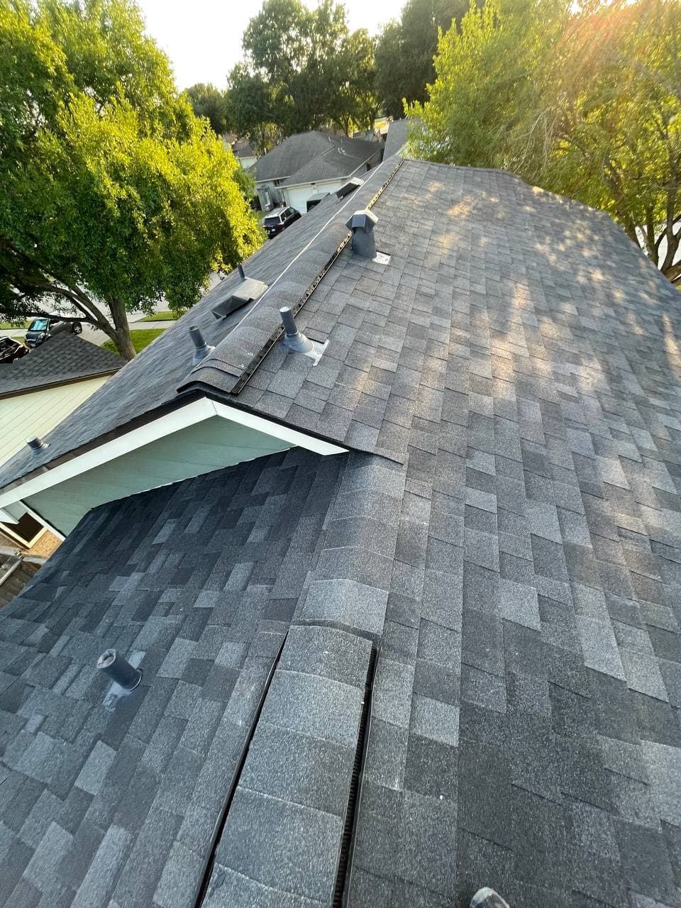 Completed roof replacement with ridge vents, Houston TX